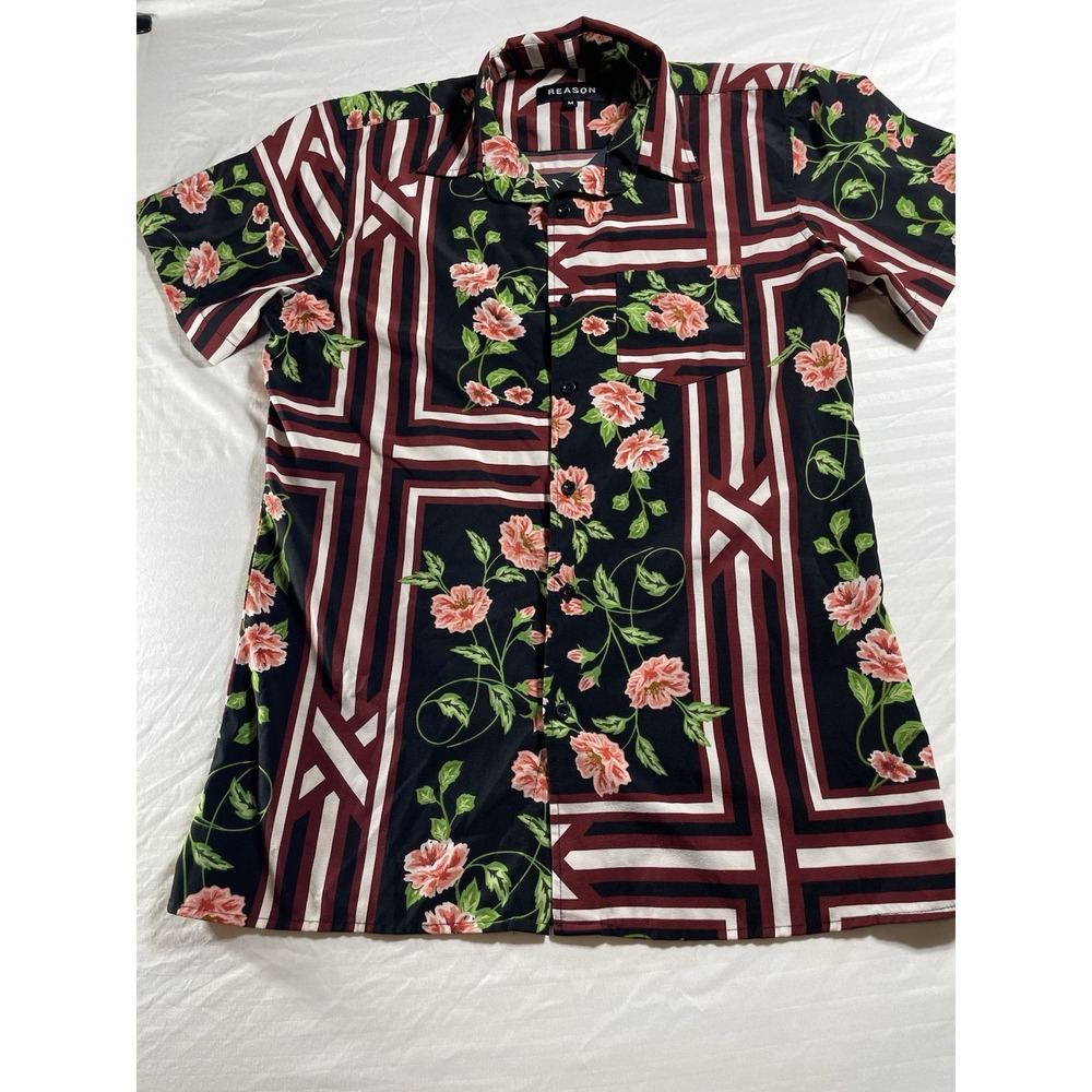 Reason Mens Short Sleeve Floral Stripe Button Up Shirt Black Pink V1-44F M